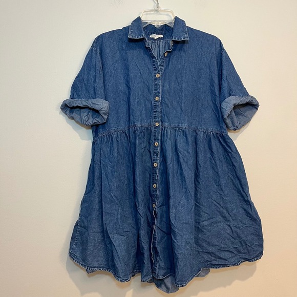 easel Dresses & Skirts - Easel Denim Dress Short Sleeve Button Babydoll Ruffle Lagenlook Boho Small